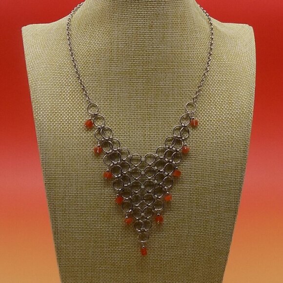 Vintage Mesh Choker Bib Necklace Silver Tone Orange Glass Square Beads - Picture 2 of 11